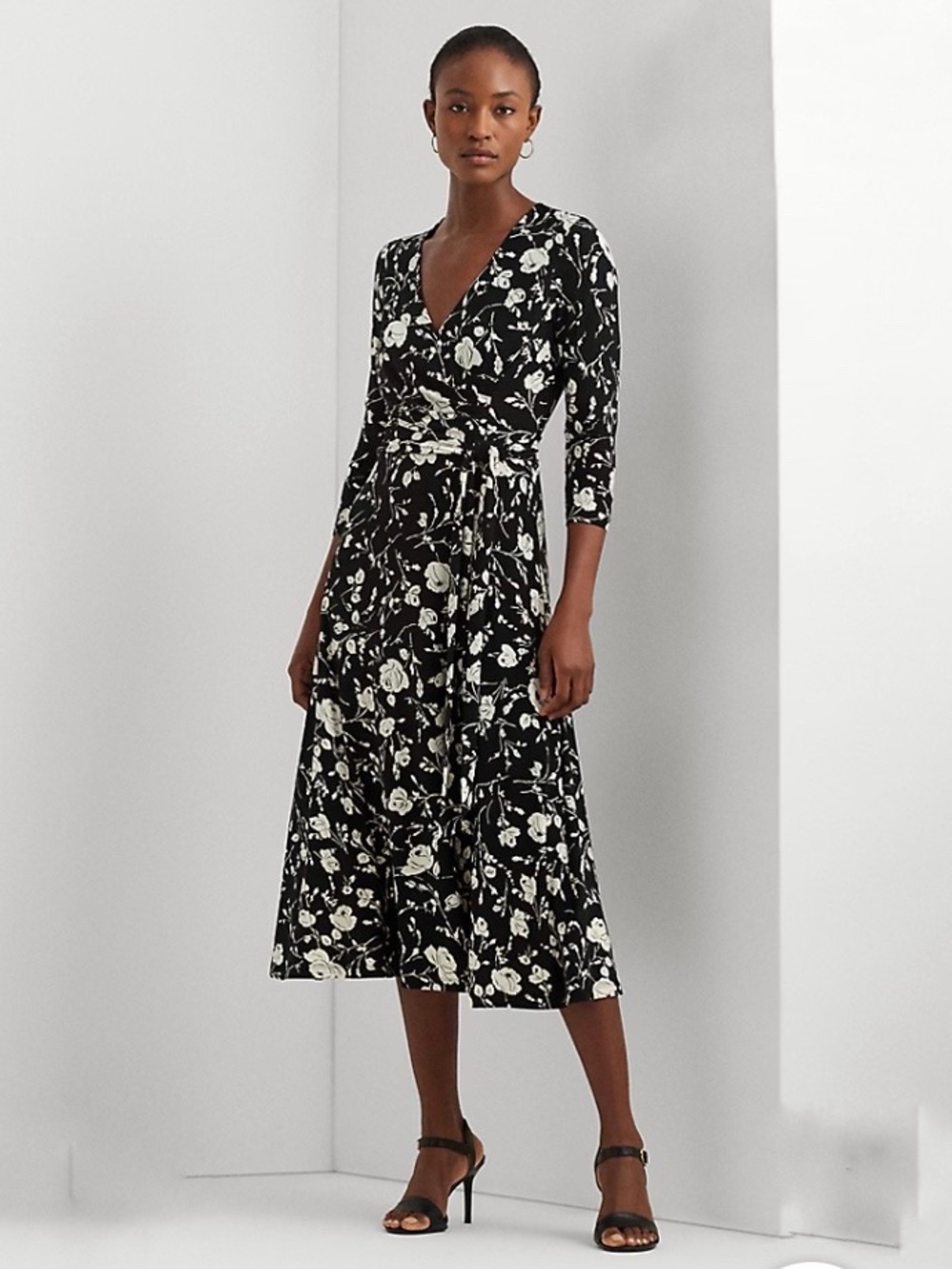 Ralph Lauren Floral Surplice Jersey Wrap Midi Dress Size 20W Black White Floral